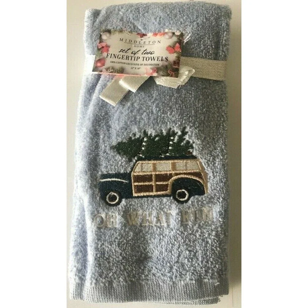 Christmas Fingertip Towels Woody Station Wagon Tree Embroidered Holiday Set of 2